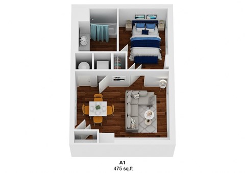 Floor plan for 1 bed, 1 bath, 475 sqft